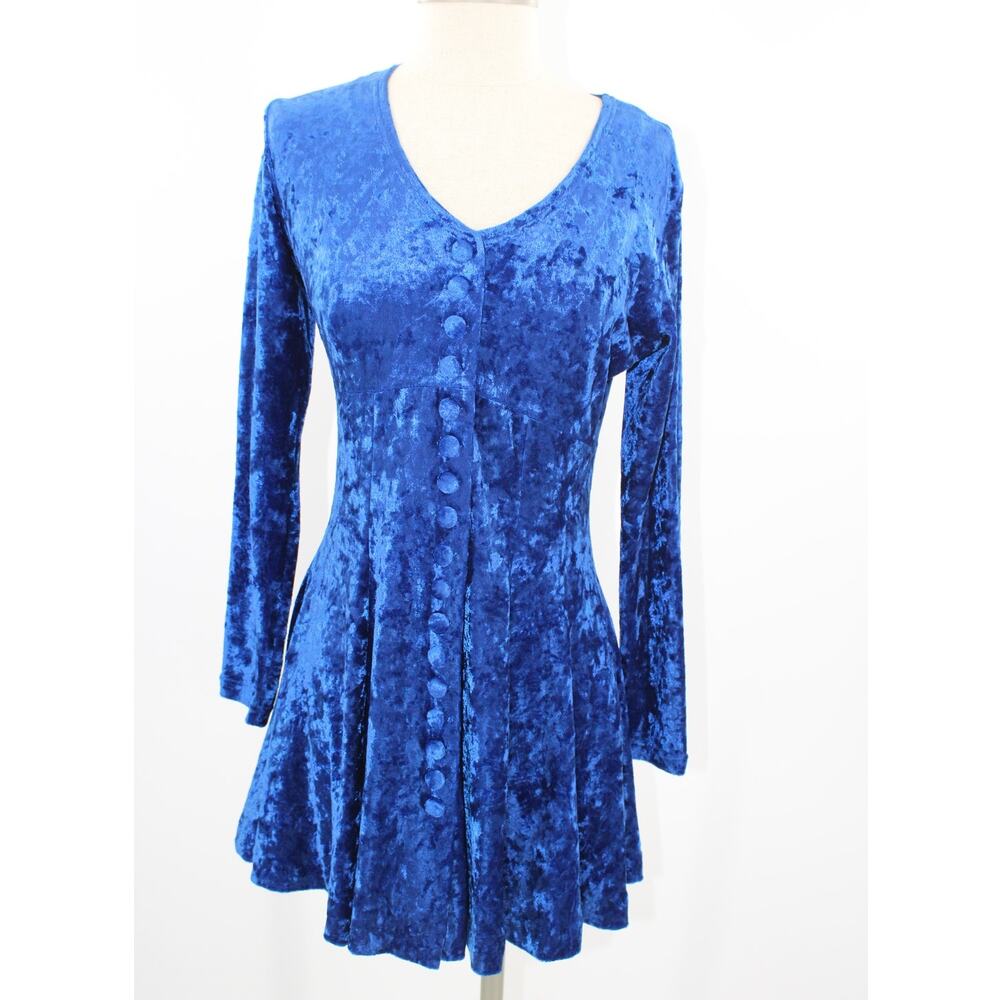 VTG Luly K Blue Crushed Stretch Velour Fit & Flare Button Down Dress Size medium